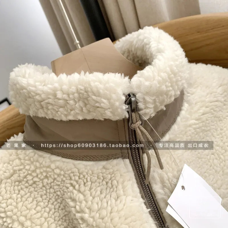 Threebooy Autumn Winter Lambswool Coat Male Loose Windproof Warm Sherpa Stand Collar Polar Fleece Jacket Unisex Simple  Pocket Spliced Top