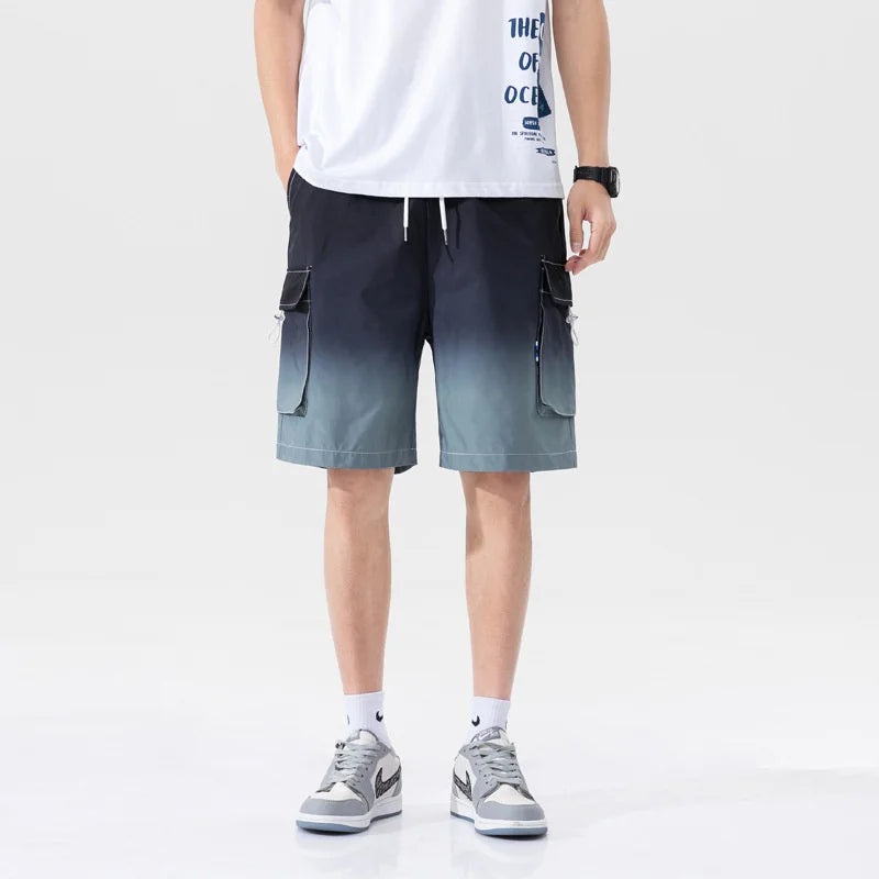 Threebooy HIP HOP Streetwear Summer Korean Fashion Ombre Drawstring Cargo Shorts For Men Loose Straight Multi-pocket Short Pants Casual Gym pantalones cortos