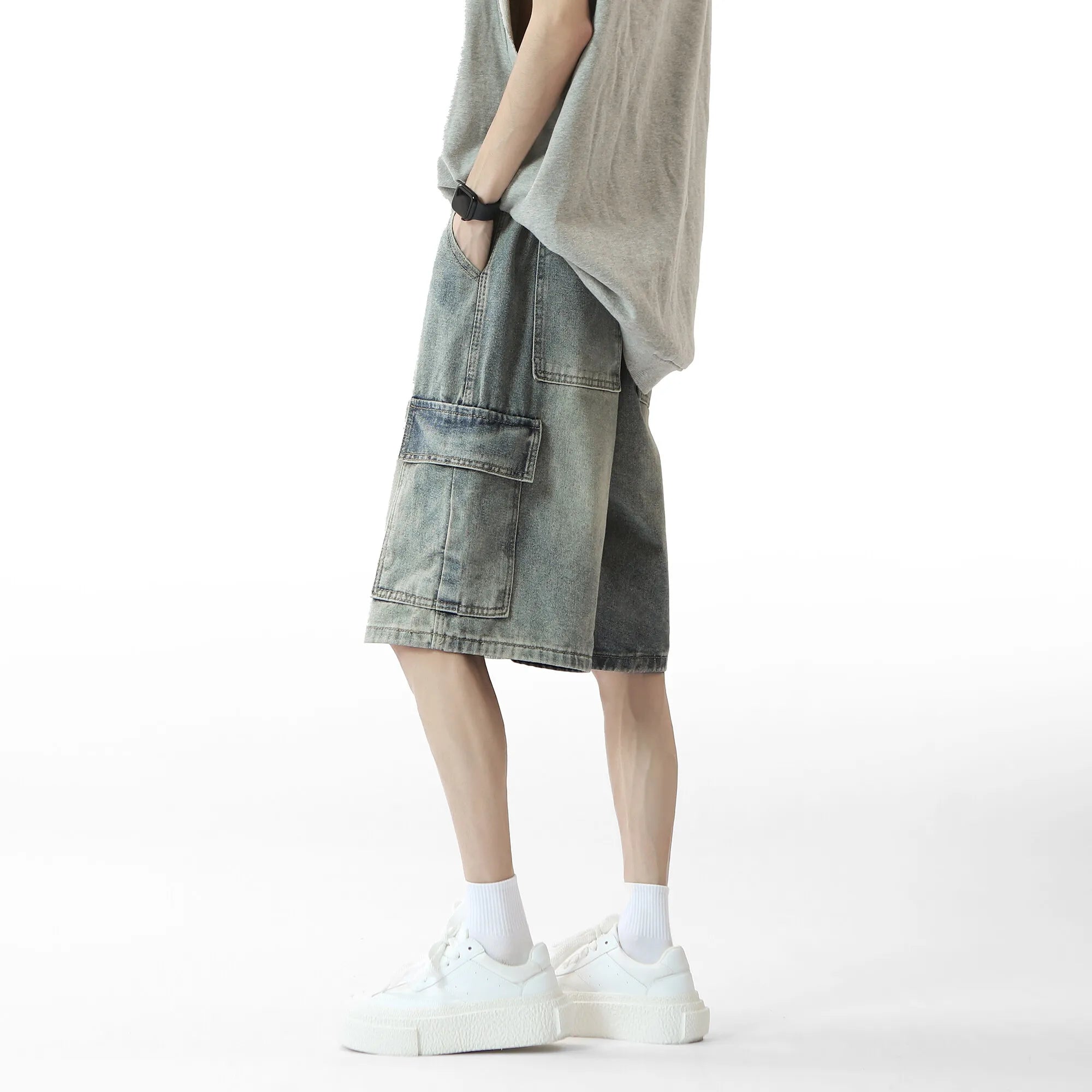 Threebooy Mens Denim Shorts Washed Cargo Drawstring waist Jorts Multi Pocket Workwear Casual Side Large Pockets Stretchy Waistband Outdoor