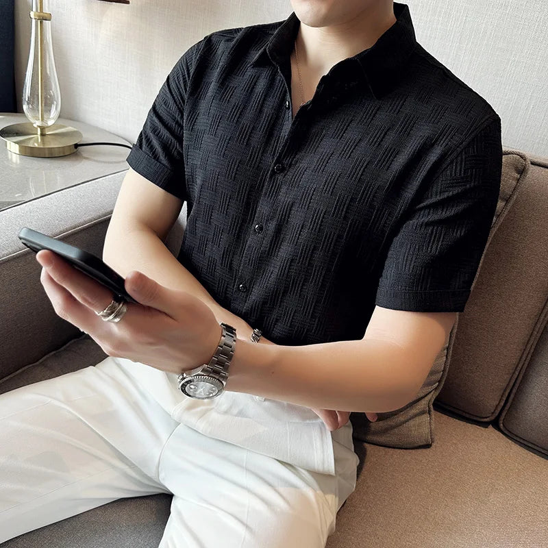 Threebooy Korean Style Men's Summer Casual Short-sleeved Shirts/Male Slim Fit Pure Color Plaid High Quality Shirts Plus Size S-4XL