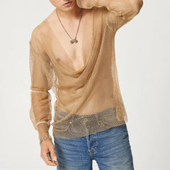 Threebooy Mens Sexy See-Through Mesh Long-Sleeve Top 2024 New Genderless Nightclub Individuality Irregular Thin Low-Cut T-Shirt Unisex