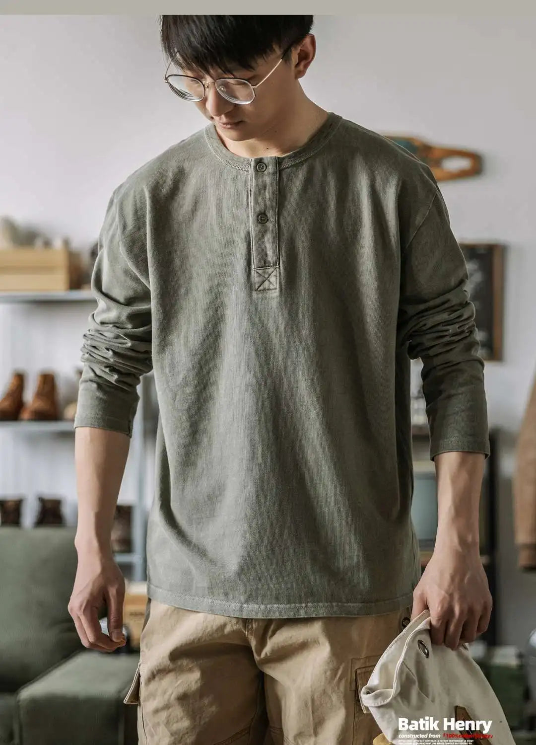 Threebooy American Retro Henry Shirt T-shirt Men's Autumn Large Size Vintage Half Button Blouse High-end Collar Long Sleeve Base Shirt