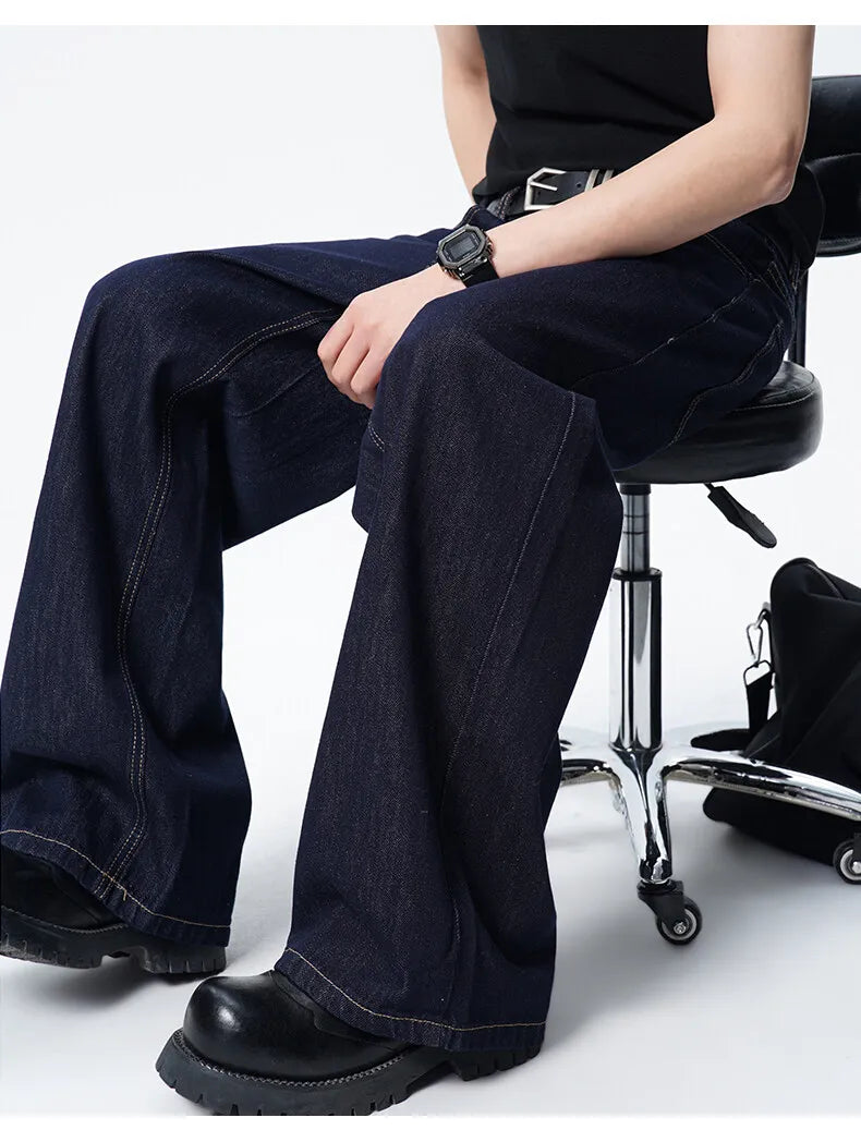 Threebooy Men Dark Blue Loose Drag Floor Length Jeans Classic Straight Leg Denim Pants Wholesale Hot Sale Minimalist Casual Streetwear