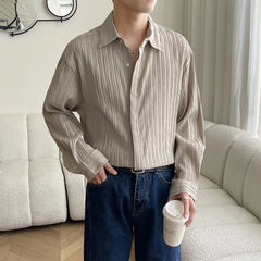 Threebooy Youth Pleated Long-Sleeve Korean Shirts For Men Oversize Men‘s Loose Elegant British Solid Color Cardigan Shirts Autumn Winter