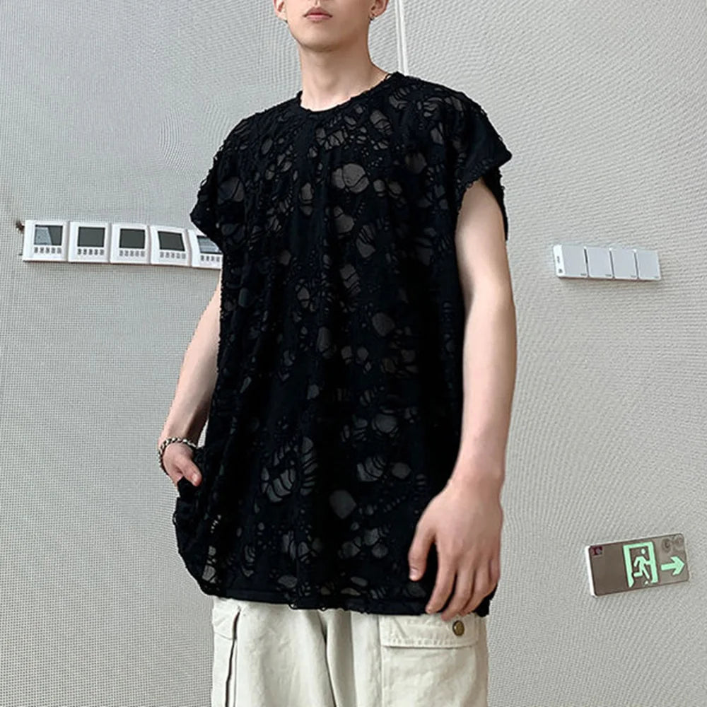 Threebooy Mens y2k hollow hole perspective sexy shirt fashion personality streetwear Harajuku daily versatile youth tops 2024 summer new