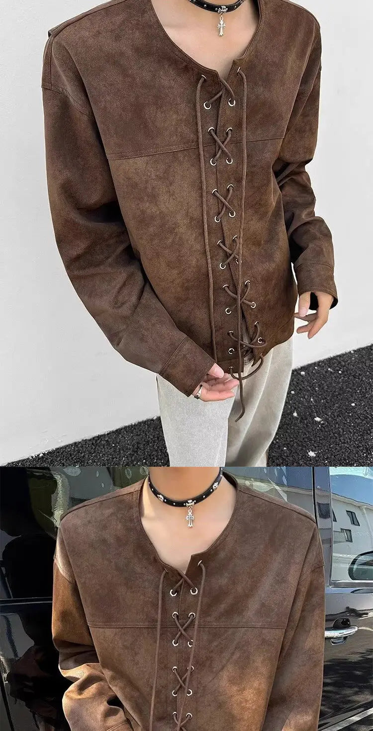 Threebooy Drawstring Double-breasted Shirt Back Fly Design Top American Retro Brown Motorcycle Leather Jacket Women Men's Jacket