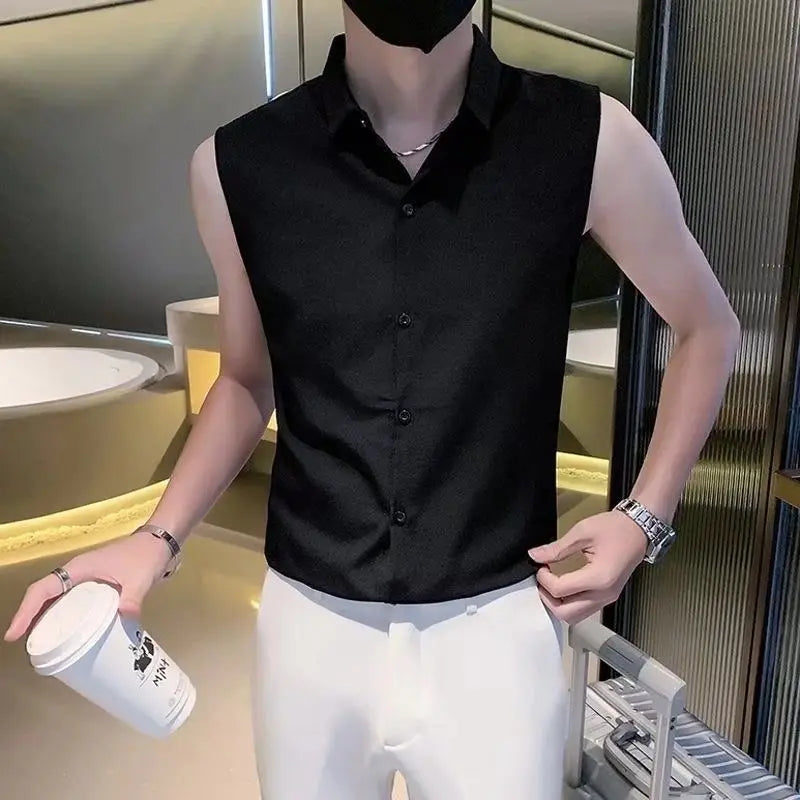 Threebooy  Elegant Fashion Harajuku Slim Fit Ropa Hombre Casual All Match Cotton Tshirts Solid Button Lapel Collar Sleeveless Blusa Vest