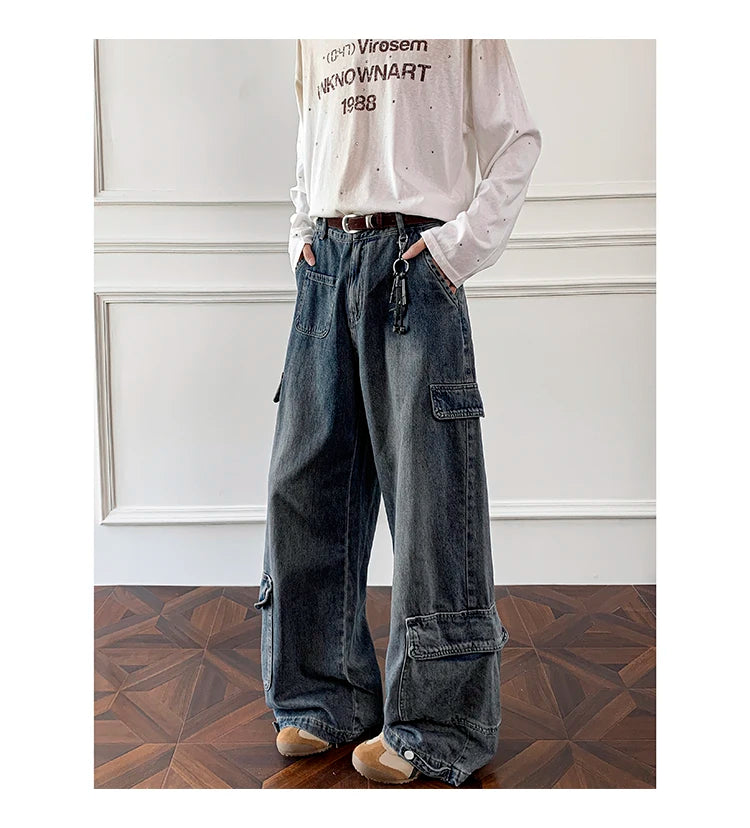 Threebooy Men Workwear Cargo Jeans New Multi Pocket Loose Straight Leg Baggy Streetwear Denim Pants Urban Casual Trousers 2025 Autumn
