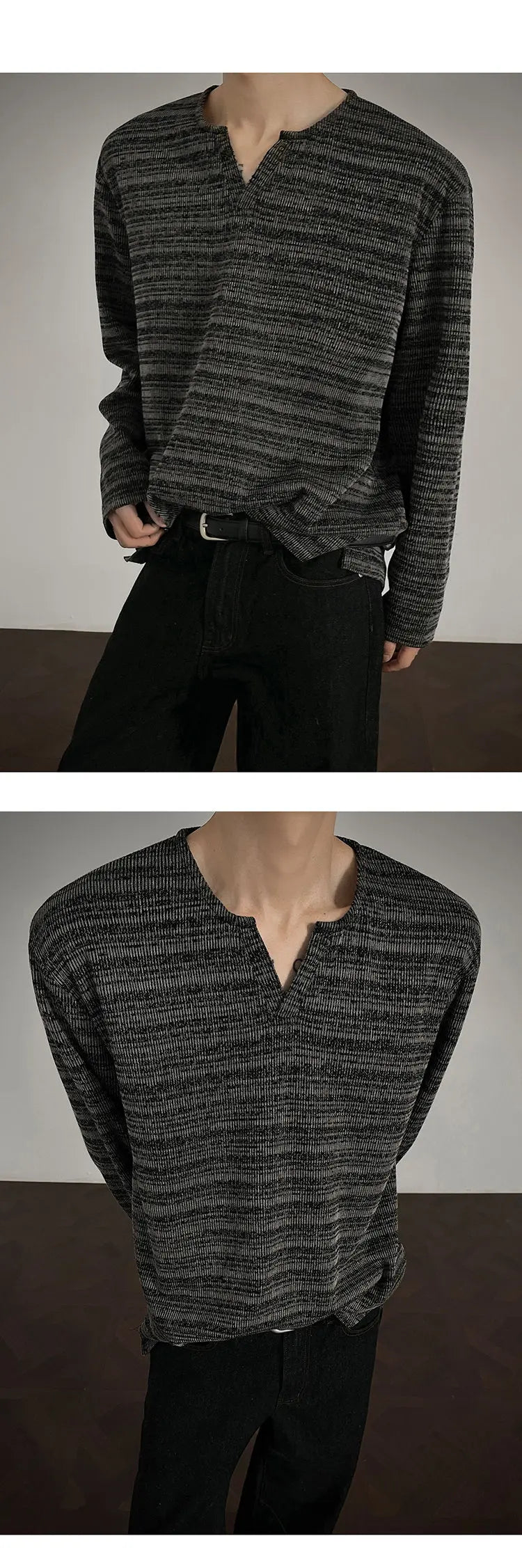 Threebooy 2025 New Fall Mens Long Sleeve Tshirt Soft Comfortable Casual Knitted Shirt V Neck Top Fashion Mens Clothing Teen Boys Clothing