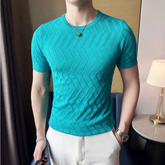 Threebooy  New Men Short Sleeve Breathable Leisure O-neck Slim Fit T-shirts Male Fashion Ice Silk Knitted Tops Size Shirt S-3XL