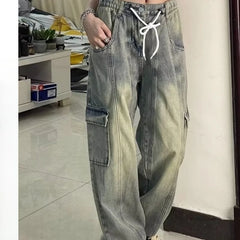 Threebooy  Hip hop American men and women trendy personalized washed drawstring jeans for couples loose straight leg casual pants y2k