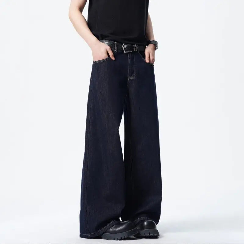 Threebooy Men Dark Blue Loose Drag Floor Length Jeans Classic Straight Leg Denim Pants Wholesale Hot Sale Minimalist Casual Streetwear