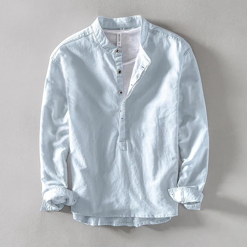 Threebooy  Solid Color Men's Long Sleeve Shirt Japanese Styles Standing Collar Loose Fitting Classic Pullover Half-cardigans Shirt Tops