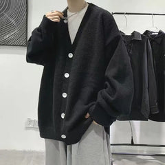 Threebooy Youthful and Trendy Men Spring and Autumn New Spliced V-neck Button Fashion Solid Color Loose Casual Long-sleeved Knitted Top