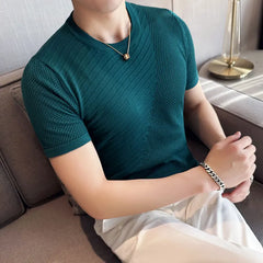 Threebooy  Korean Style Men's Summer Casual Short Sleeve Knitted T-shirt/Male Ice Silk Hollow Out Round Neck T-shirt S-3XL