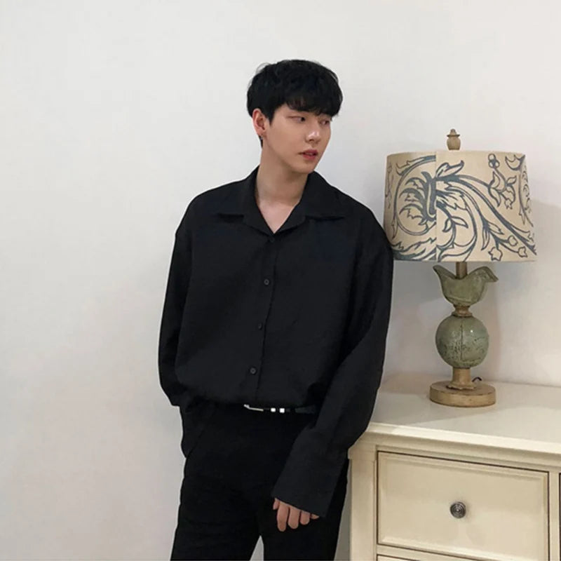 Threebooy Double Collar Long Sleeve Shirt Men White Shirt Vintage Wine Red Shirts Men Korean Comfortable Blouse Casual Loose Lapel Shirt