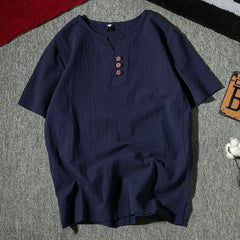 Threebooy  Men's Short Sleeve Henley Shirt Casual Loose Fit Solid Color Button Placket Comfortable Daily Fashion Top