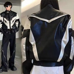Threebooy American Retro Racing Coat Couple Outfit Splicing Contrasting Motorcycle Suit Leather Jacket Korean Style Loose Handsome Jacket