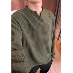 Threebooy Autumn Long Sleeved T-shirt Men Solid Color Casual V-neck T Shirt Men Streetwear Korean Loose Pullover Stripe T Shirt Mens Top