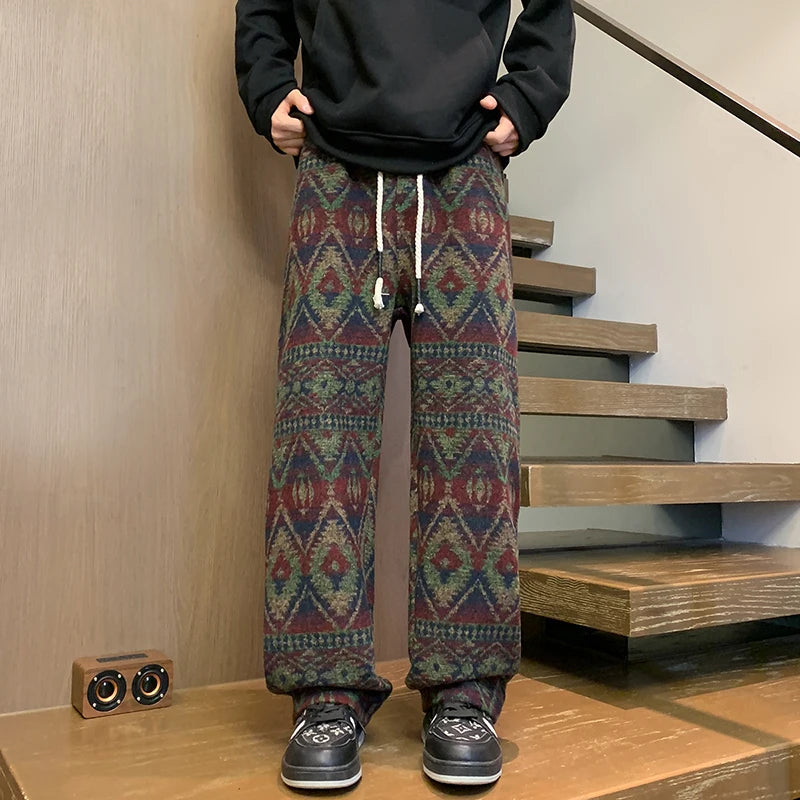 Threebooy Autumn Woolen Pants Men Warm Retro Plaid Knitted Pants Men Japanese Streetwear Loose Straight Pants Mens Vintage Trousers M-3XL