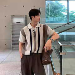 Threebooy Men's Clothing Fashion Tops Light Luxury Korean Popular Hollow Out Polo Shirt Leisure Short Sleeve Solid Color Striped Knitwear