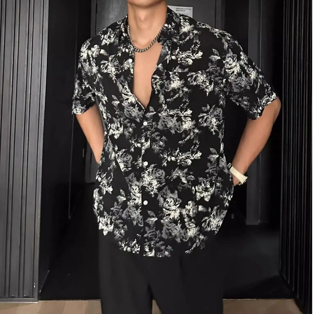 Threebooy  Summer Shirt Floral Loose Casual Top Vintage Trendy Short Sleeve Shirt Men's