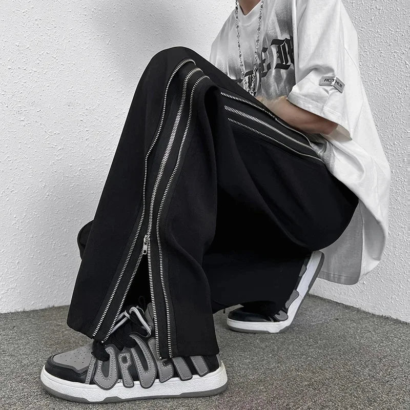 Threebooy  Summer Fashion High Street Side Zip-Up Pants Men's Casual Straight-Leg Draped Loose Fit Hip Hop Slang Style Trendy Brand