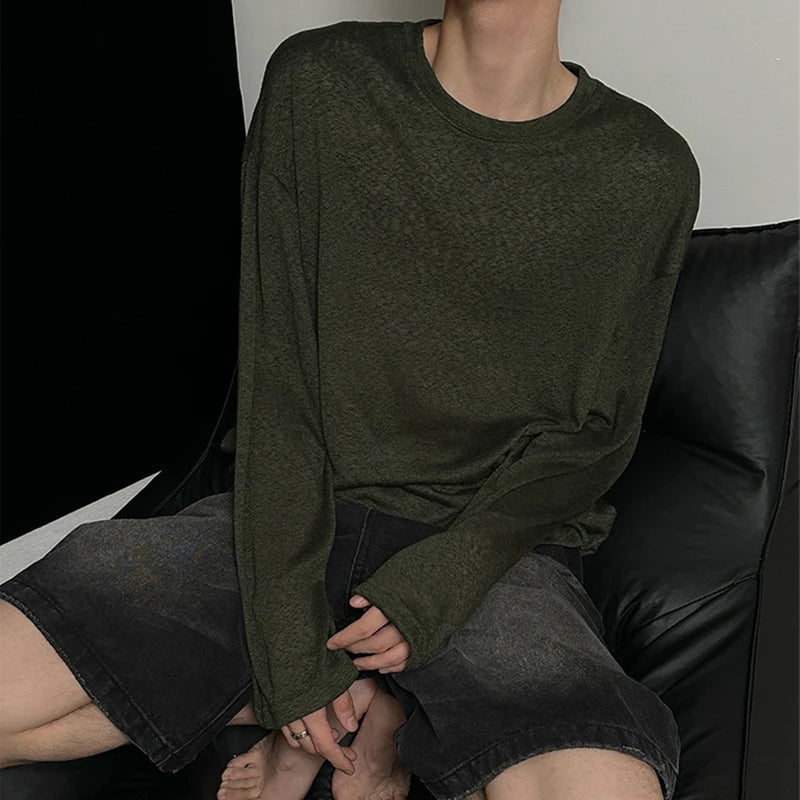 Threebooy  Autumn Laid-back Style Draping Men's T-shirt Luxury Korean Popular O Neck Long Sleeve Tees Leisure Loose Lightweight Basic Shirt