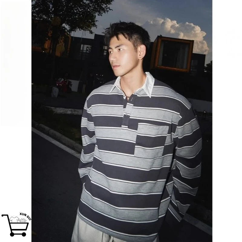 Threebooy Autumn American Retro Striped POLO Shirt Men's Trend High Street Vintage Top High-end Casual Loose Sweatshirt Preppy Lapel Shirt
