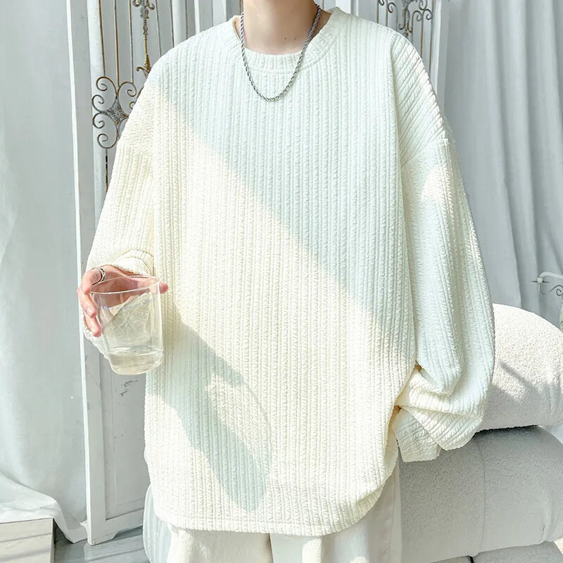 Threebooy  Spring Long Sleeved T-shirt Men White Casual T Shirt Men Streetwear Korean Loose Pleated T Shirt Mens Top Large Size M-5XL