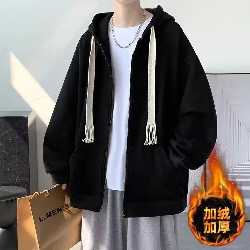 Threebooy  Solid color hooded cardigan sweater men's  spring and autumn new Japanese simple and versatile loose jacket