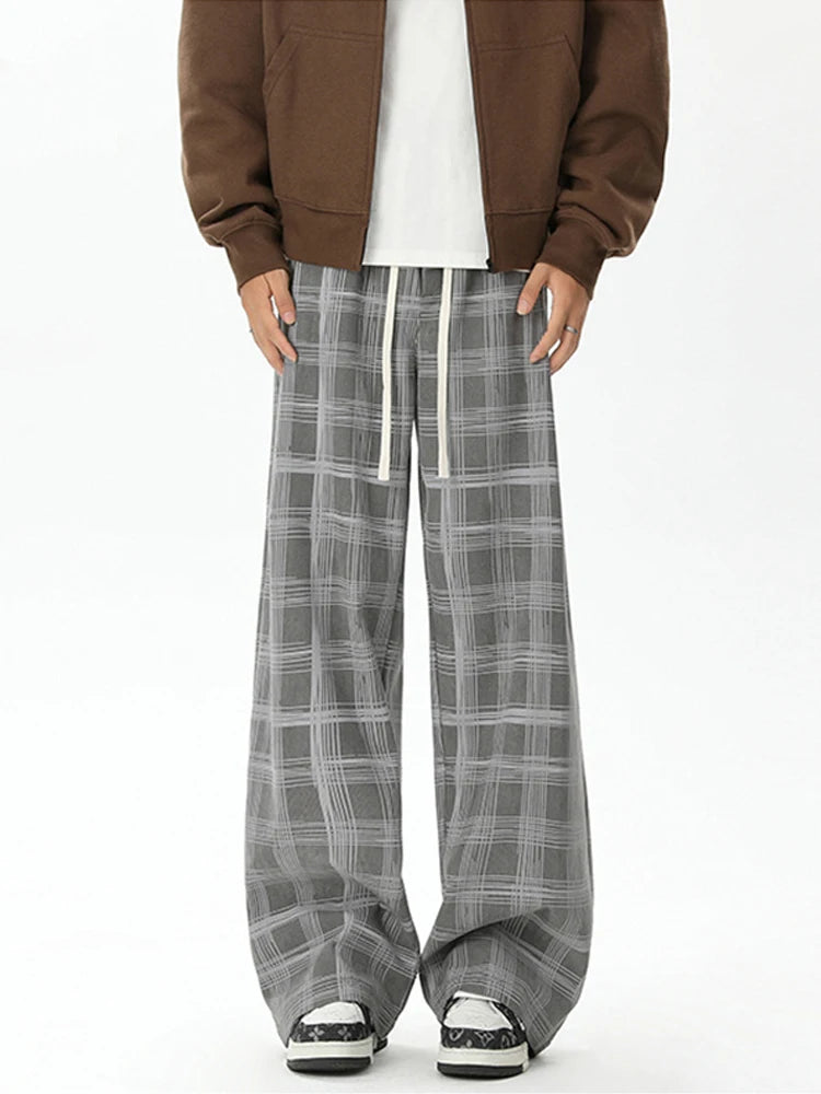 Threebooy  Spring Plaid Distressed Baggy Pants For Men Casual Sports Loose Straight-Leg Sweatpants High Street Fashion Y2K Trousers