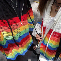 Threebooy Mens Hoodie Colorful Stripes Thin Hollow Knitted Jacket Streetwear Versatile Youth Vacation Campus Couple Blouse Men'S Clothing