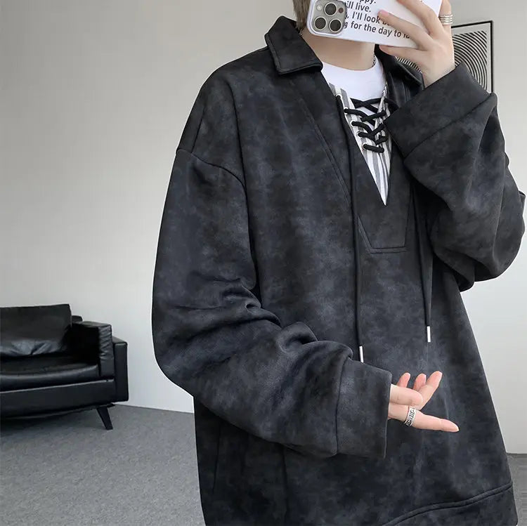 Threebooy Collar Sweatshirt Mens Layered V Neck Pullover Fake Two Piece Streetwear Casual Hoodie Jacket Fall 2025 New Tie Dye Design