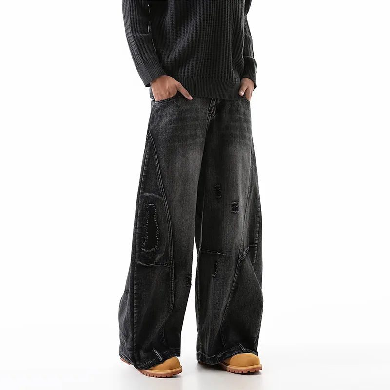Threebooy Korean Retro Plus Size Ripped Jeans Men'S Wide Leg Curved Pants Fashionable Casual Loose Straight Leg Pants