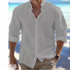 Threebooy  Men's Linen Button-up Shirt Summer Beach Shirt Long Sleeve Plain Stand Collar Casual Everyday Clothing