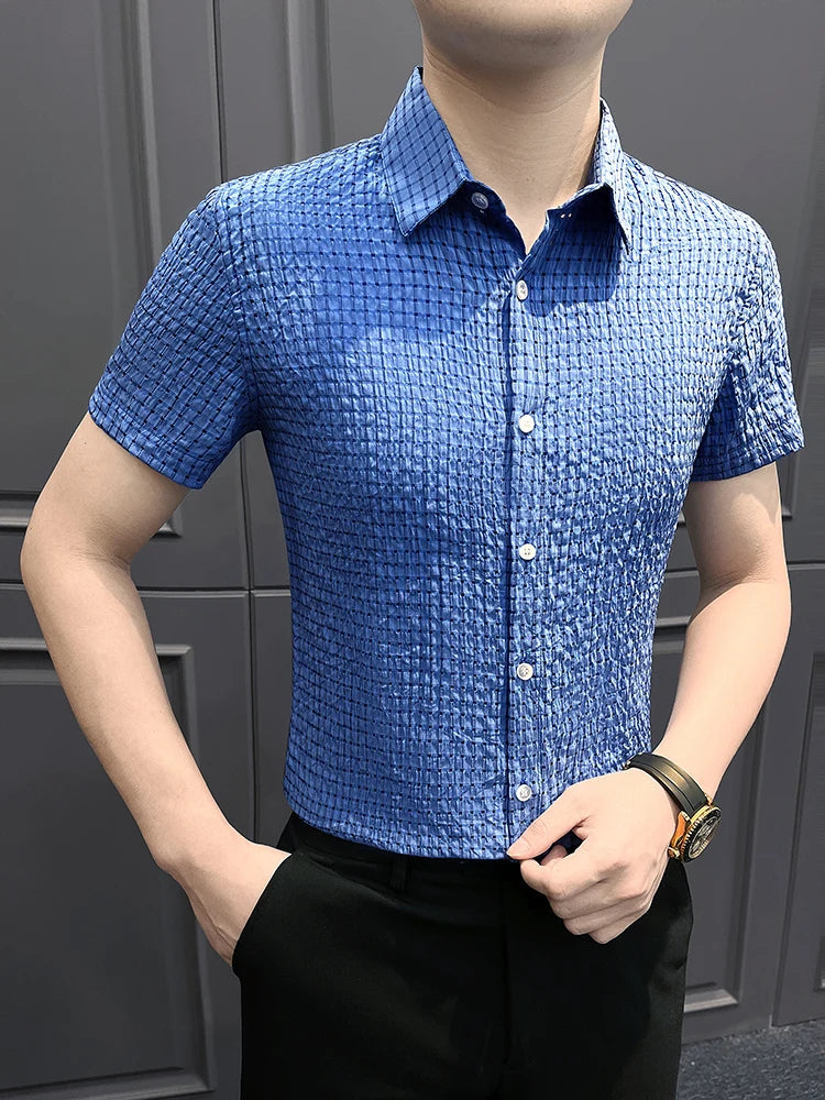 Threebooy  Summer Hollow Mesh Short Sleeved Shirts  Men Ice Silk Breathable Casual Business Dress Shirt Handsome Versatile Streetwear Shirt