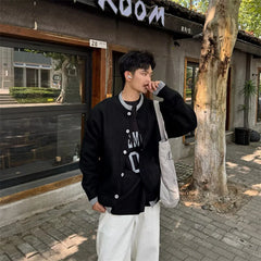 Threebooy  Spring Fake Two-piece Button-up Knitted Sweaters For Men American Casual Crewneck Cardigans Y2K Streetwear Knitwear Jackets