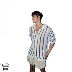 Men and women American high street hip-hop striped lapel short sleeved couple retro summer knitted Harajuku short sleeved top