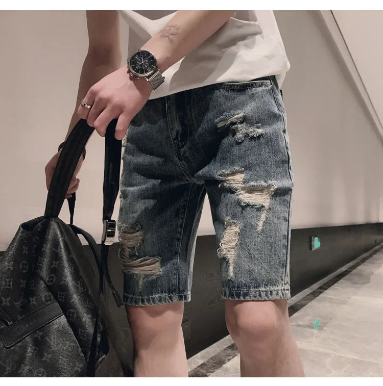 Threebooy Summer New Ripped Men Shorts Trendy Casual Straight Hole Five-point Pants Hip Hop Beggar Loose Male Denim Shorts