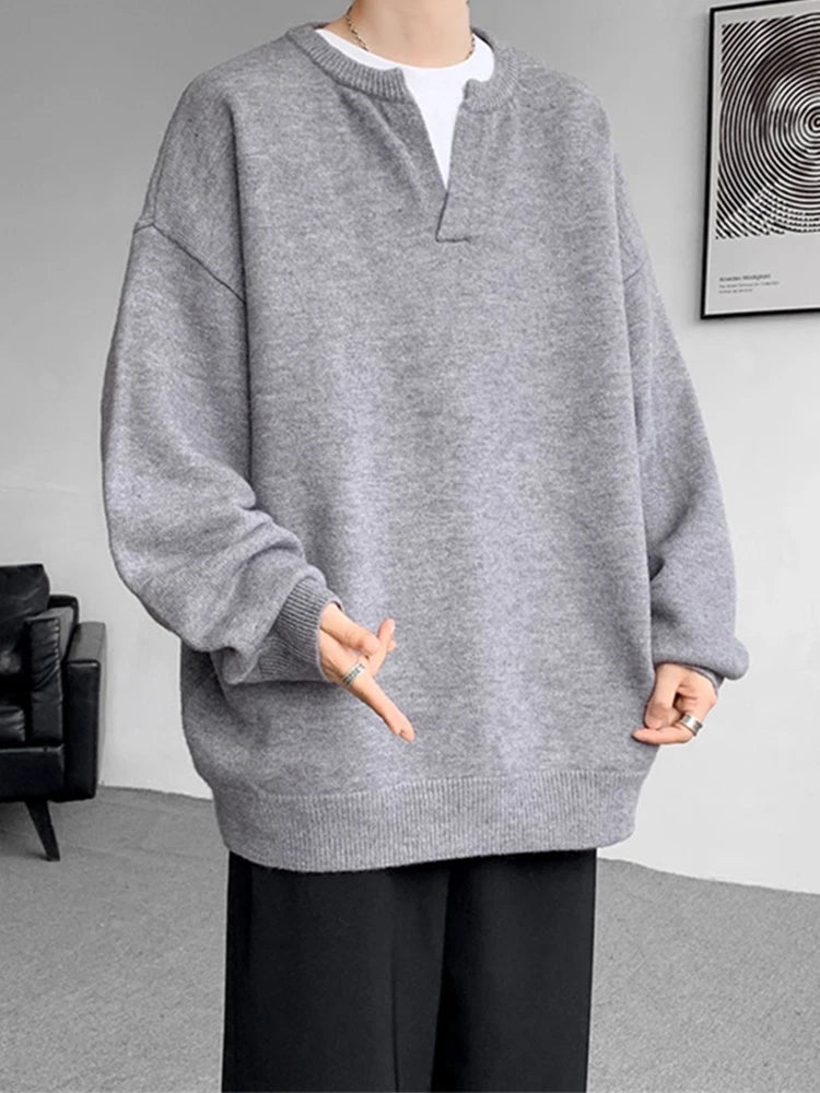 Threebooy  Autumn Men's Clean Fit V-Neck Base Sweater High Street Fashion Solid Color Loose Knitted Pullovers New Y2K Knitwear Jumpers
