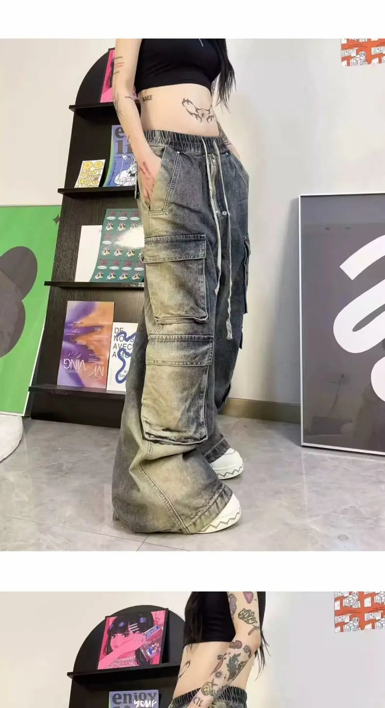 Threebooy Street men and women trendy and personalized hip-hop straight leg washed gradient jeans for couples loose casual Harajuku pants