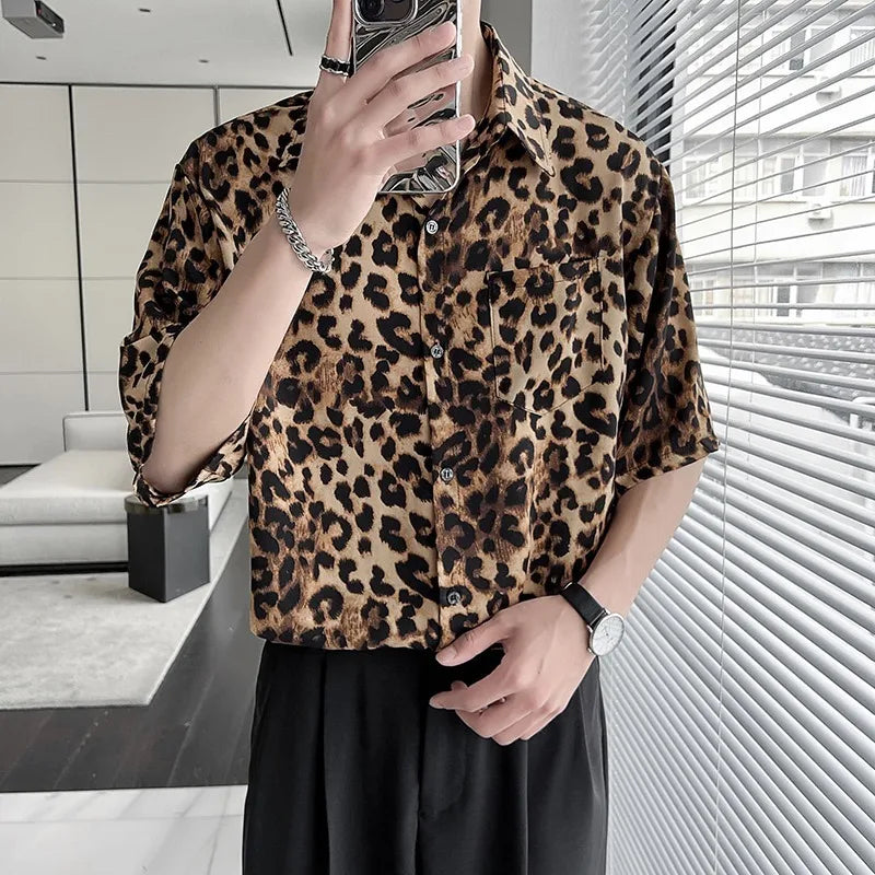 Threebooy New Men's Summer Cool Loose Short Sleeved Top Hawaiian Beach Vacation Leopard Print Flower Shirts For Men