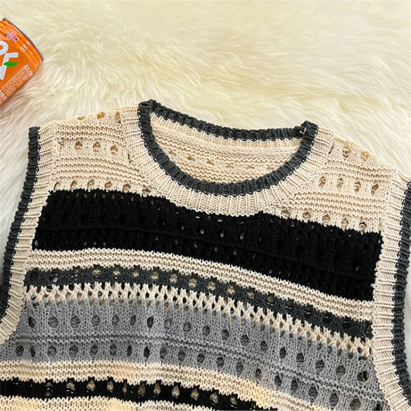 Threebooy Contrast Striped Hollowed Out Knit Tank Top Men's Oversize Summer Japanese Outerwear Layered Bf Couple Knitwear Sleeveless Top