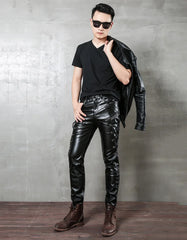 Threebooy 2024 PU leather men's black leather rope plus velvet leather pants punk style men's motorcycle pants slim fit personality simple