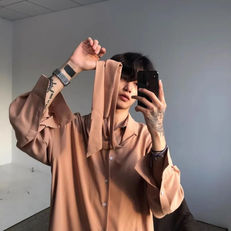 Threebooy Japanese Fashion High-end White Shirts Men Women Korean Version 2025 New Trendy Design Solid Color Handsome Long-sleeved Tops