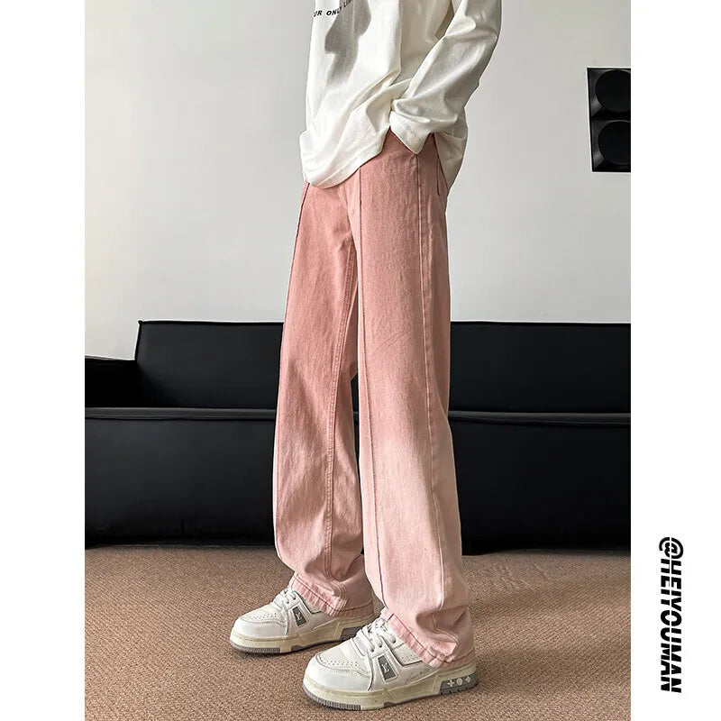 Threebooy Pink Baggy Jeans Men Fashion Retro Gradient Black Jeans Men Streetwear Hip-hop Loose Straight Jeans Mens Vintage Denim Trousers