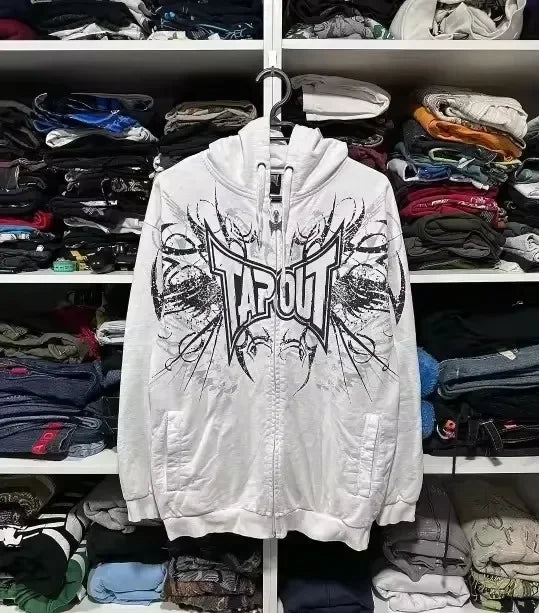 Threebooy Oversized Black Hoodies Sweatshirt Clothes Tapout Zip Hoodie Mens Womens Y2K Gothic Retro Graphic Letter Tops Streetwear