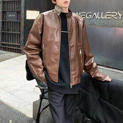 Threebooy  Spring Autumn New Men's Solid Color PU Leather Jacket Outerwear American Retro Fashion Trend High Street Casual Men's Tops