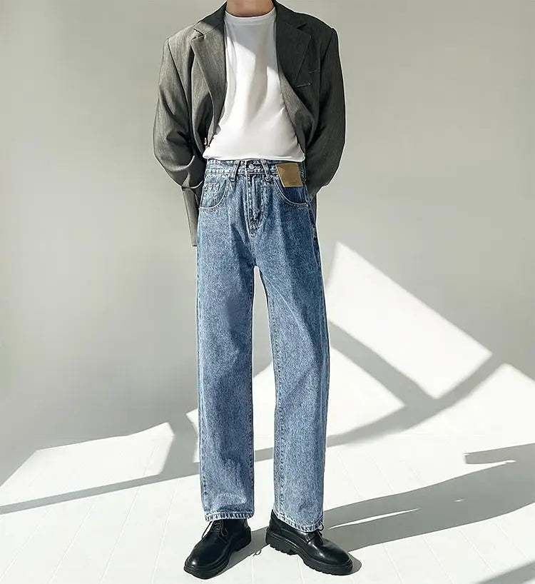 Threebooy  Minimalist Style High-end Jeans Men's Trousers Solid Color Loose Straight Denim Pants Male Draped Dark Blue Trousers
